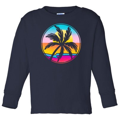 Retro Ocean Sun Palm Tree Emblem Toddler Long Sleeve Shirt