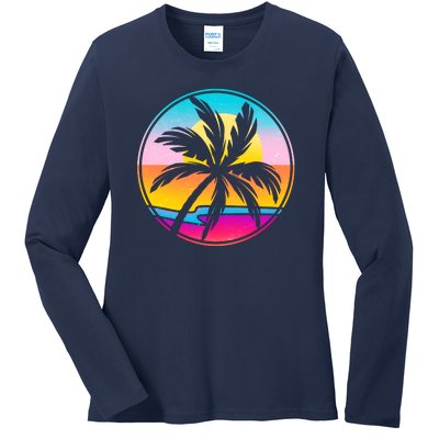 Retro Ocean Sun Palm Tree Emblem Ladies Long Sleeve Shirt