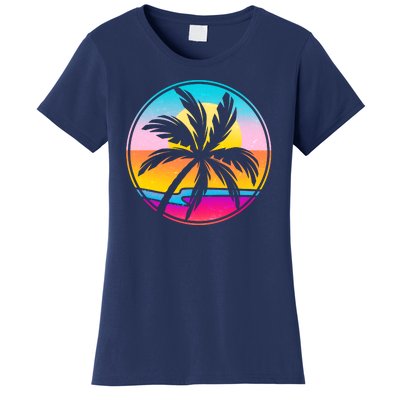 Retro Ocean Sun Palm Tree Emblem Women's T-Shirt