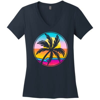 Retro Ocean Sun Palm Tree Emblem Women's V-Neck T-Shirt