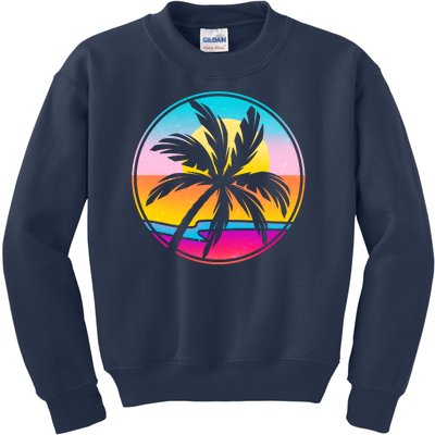 Retro Ocean Sun Palm Tree Emblem Kids Sweatshirt