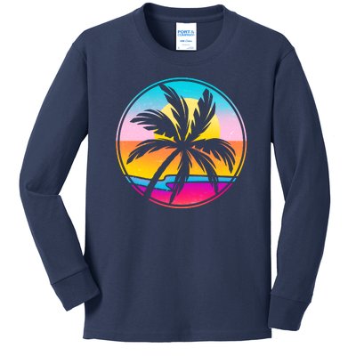 Retro Ocean Sun Palm Tree Emblem Kids Long Sleeve Shirt