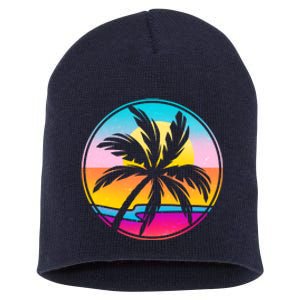 Retro Ocean Sun Palm Tree Emblem Short Acrylic Beanie