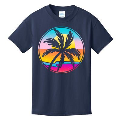 Retro Ocean Sun Palm Tree Emblem Kids T-Shirt