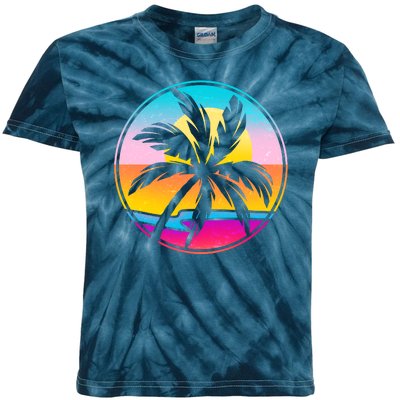 Retro Ocean Sun Palm Tree Emblem Kids Tie-Dye T-Shirt