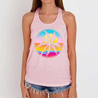 Retro Ocean Sun Palm Tree Emblem Women's Knotted Racerback Tank