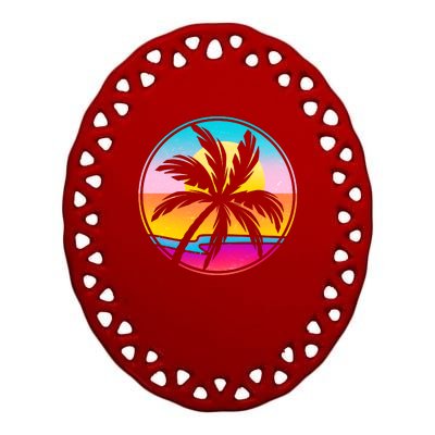 Retro Ocean Sun Palm Tree Emblem Ceramic Oval Ornament