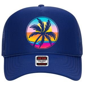 Retro Ocean Sun Palm Tree Emblem High Crown Mesh Back Trucker Hat