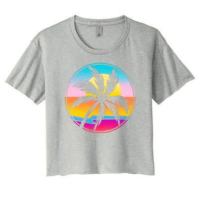 Retro Ocean Sun Palm Tree Emblem Women's Crop Top Tee