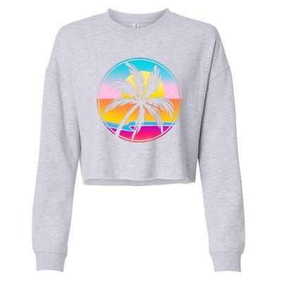 Retro Ocean Sun Palm Tree Emblem Cropped Pullover Crew