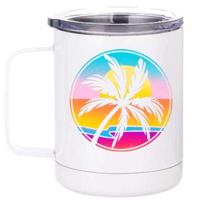 Retro Ocean Sun Palm Tree Emblem 12 oz Stainless Steel Tumbler Cup