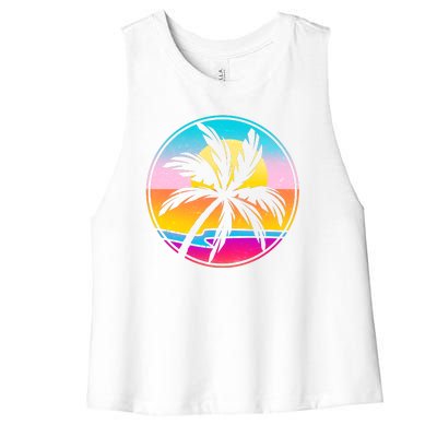 Retro Ocean Sun Palm Tree Emblem Women's Racerback Cropped Tank