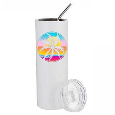 Retro Ocean Sun Palm Tree Emblem Stainless Steel Tumbler