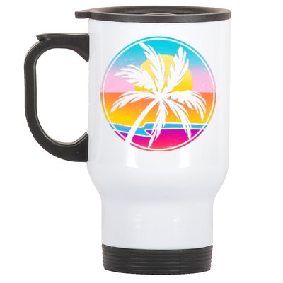 Retro Ocean Sun Palm Tree Emblem Stainless Steel Travel Mug