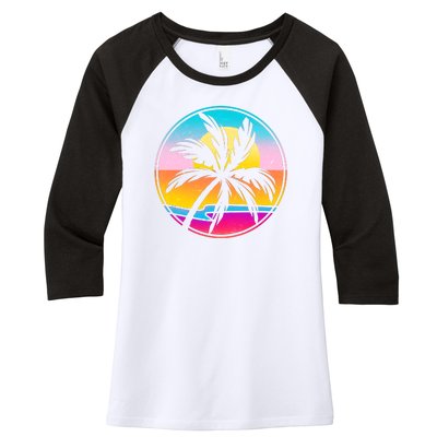 Retro Ocean Sun Palm Tree Emblem Women's Tri-Blend 3/4-Sleeve Raglan Shirt