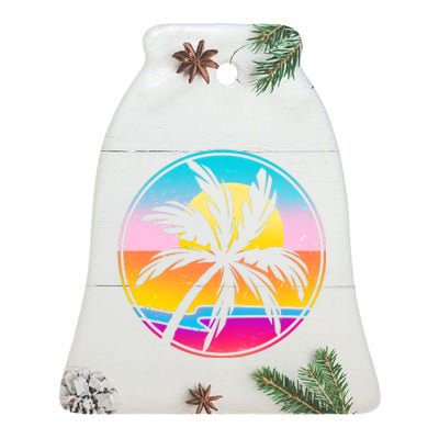 Retro Ocean Sun Palm Tree Emblem Ceramic Bell Ornament