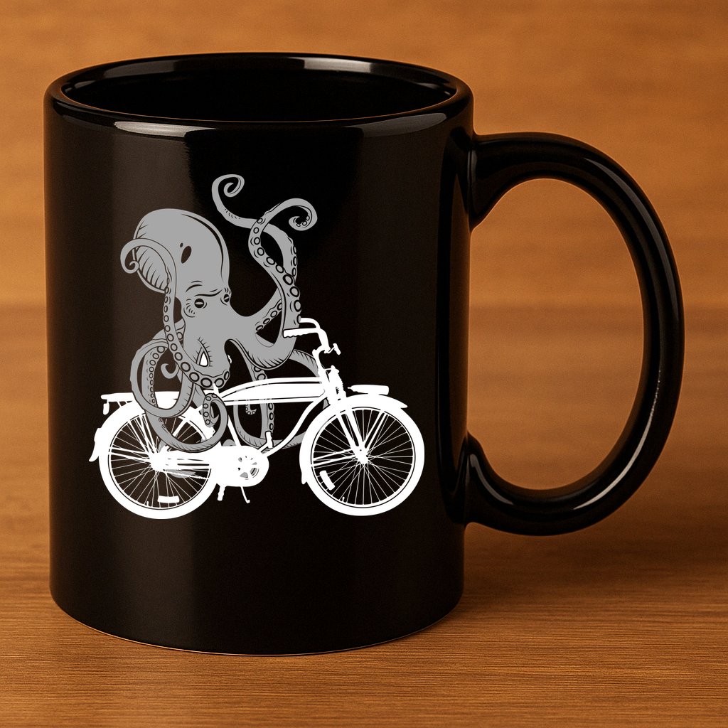 Retro Octopus Bike 11oz C Handle Ceramic Mug
