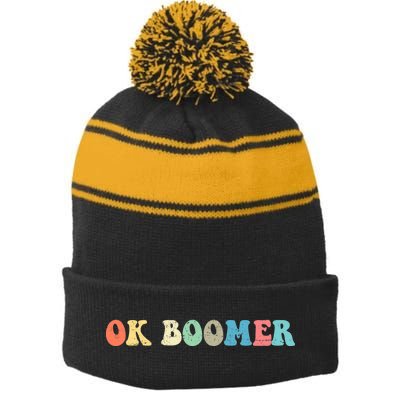 Retro Ok Boomer Stripe Pom Pom Beanie