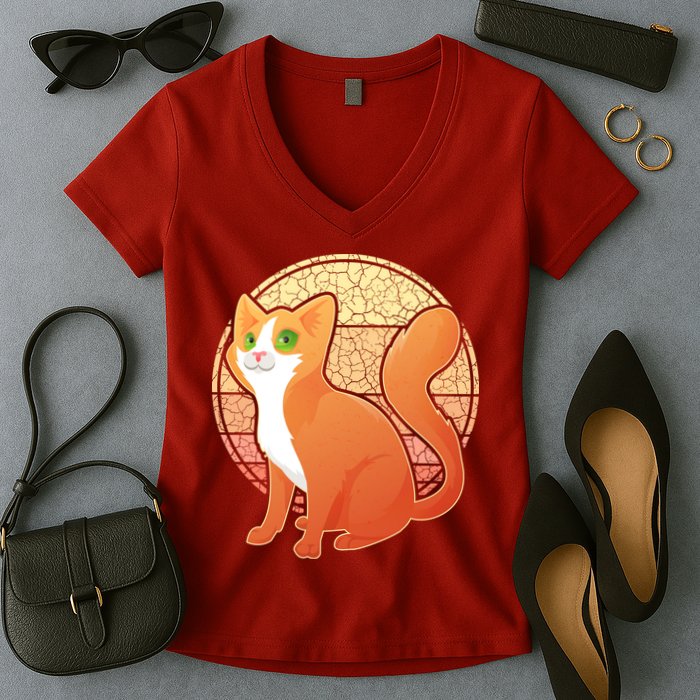 Retro Orange Cat Women's V-Neck T-Shirt