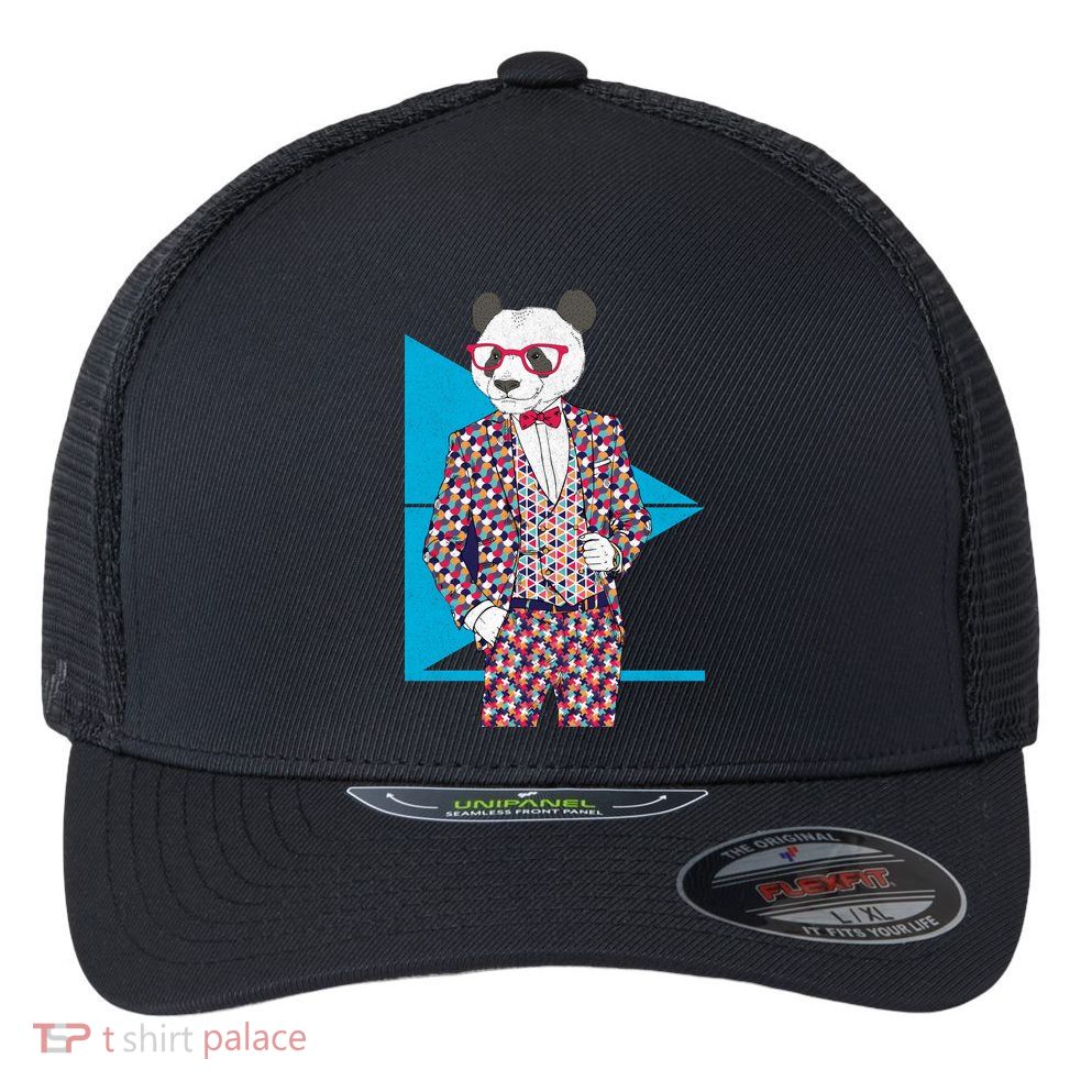 Retro Panda Platted Suit Graphic Flexfit Unipanel Trucker Cap
