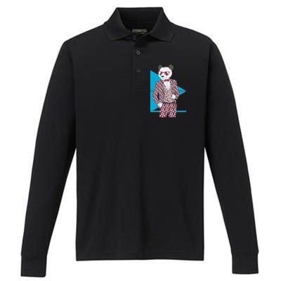 Retro Panda Platted Suit Graphic Performance Long Sleeve Polo