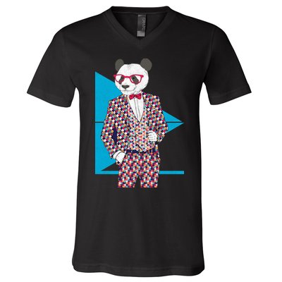Retro Panda Platted Suit Graphic V-Neck T-Shirt