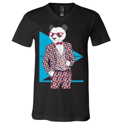 Retro Panda Platted Suit Graphic V-Neck T-Shirt