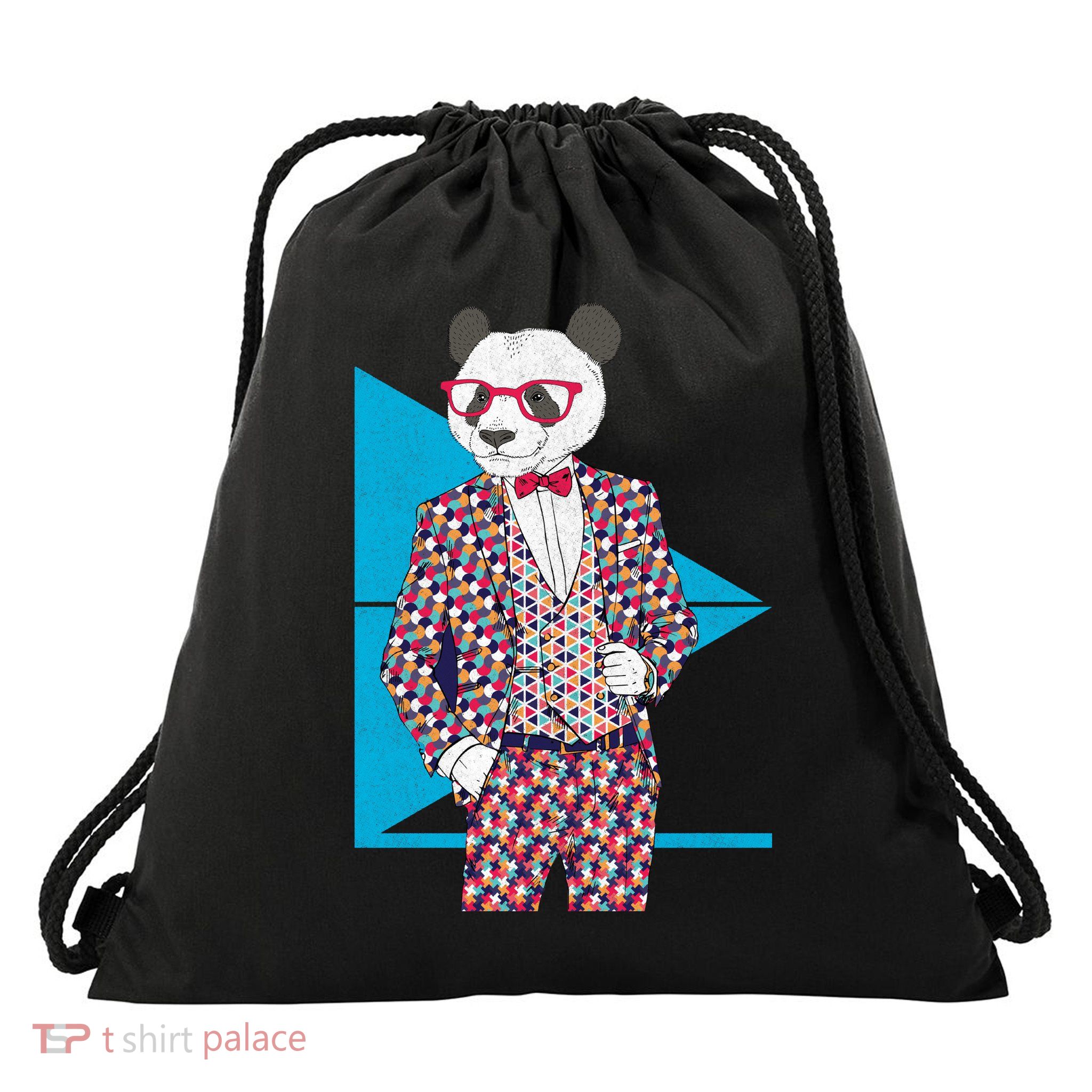Retro Panda Platted Suit Graphic Drawstring Bag