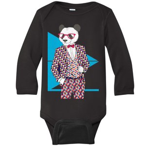 Retro Panda Platted Suit Graphic Baby Long Sleeve Bodysuit