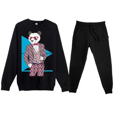 Retro Panda Platted Suit Graphic Premium Crewneck Sweatsuit Set