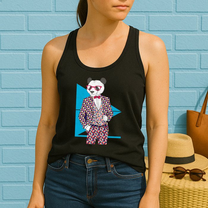 Retro Panda Platted Suit Graphic Womens Tank Top