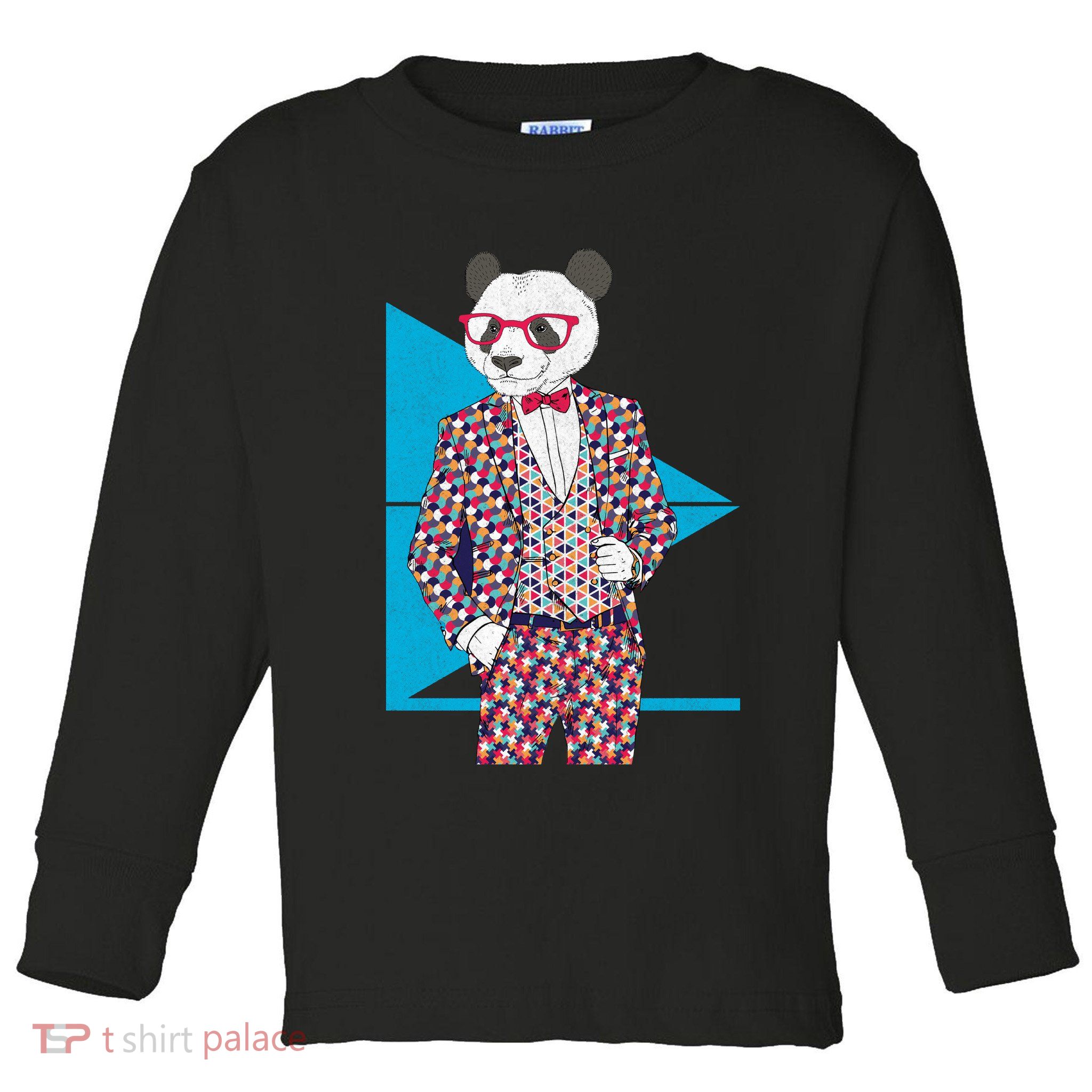 Retro Panda Platted Suit Graphic Toddler Long Sleeve Shirt