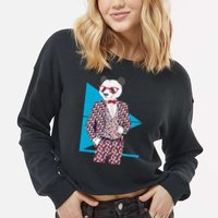 Retro Panda Platted Suit Graphic Cropped Pullover Crew