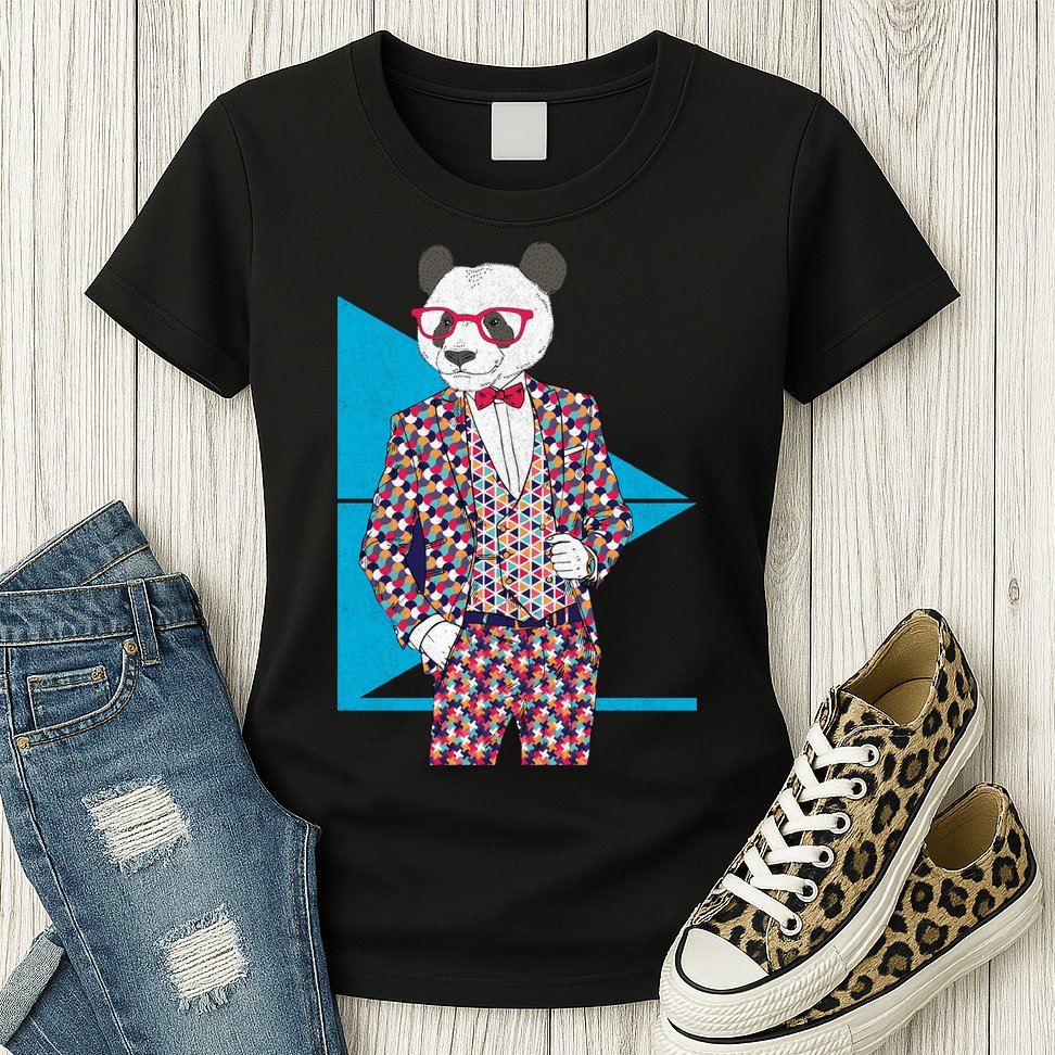 Retro Panda Platted Suit Graphic Womens T-Shirt
