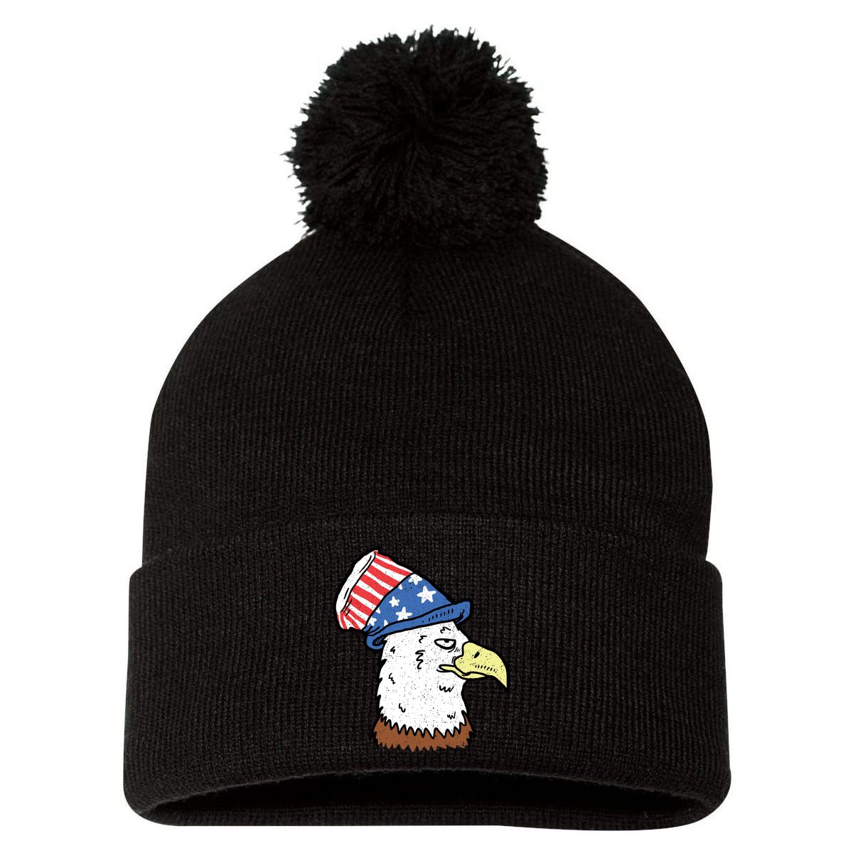 Retro Patriotic Bald Eagle  Pom Pom 12in Knit Beanie