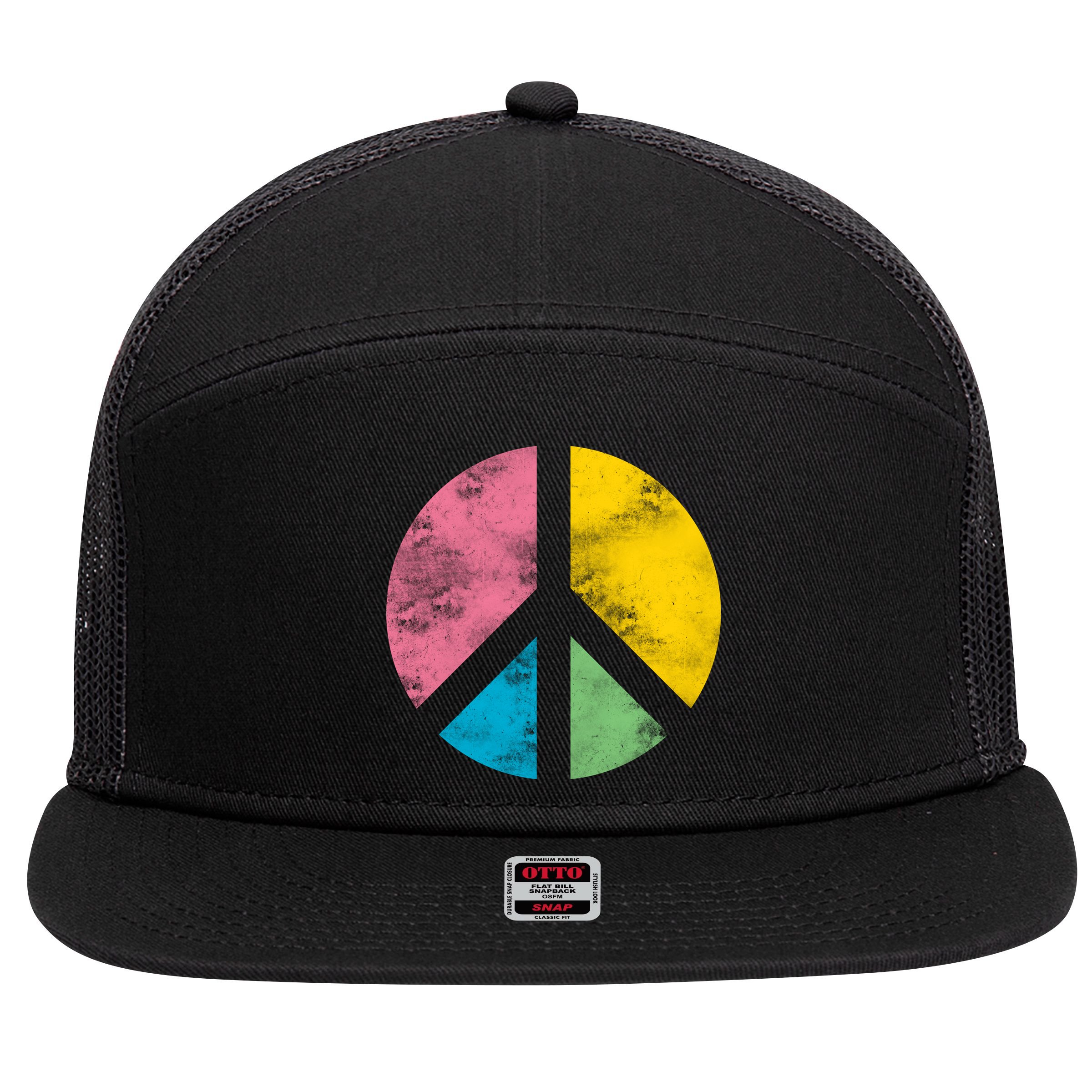 Retro Peace Sign 7 Panel Mesh Trucker Snapback Hat