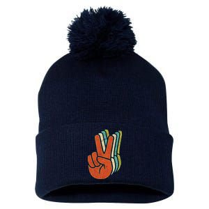 Retro Peace Symbol Hand Pom Pom 12in Knit Beanie