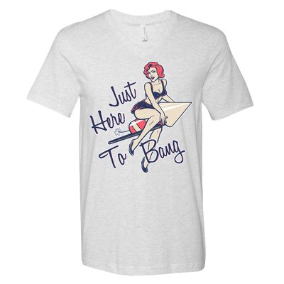 Retro Pin Up Just Here To Bang V-Neck T-Shirt