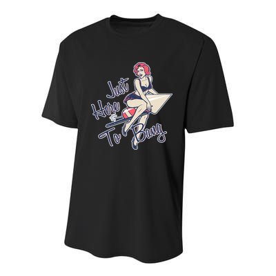 Retro Pin Up Just Here To Bang Youth Performance Sprint T-Shirt