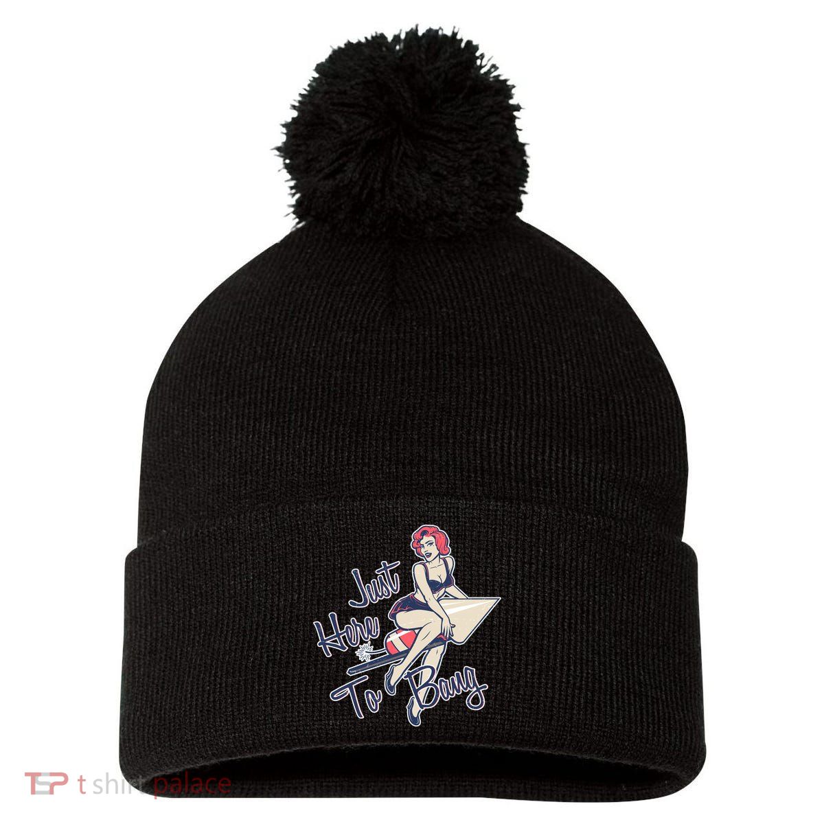 Retro Pin Up Just Here To Bang Pom Pom 12in Knit Beanie