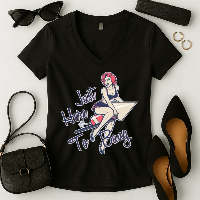 Retro Pin Up Just Here To Bang Women's V-Neck T-Shirt