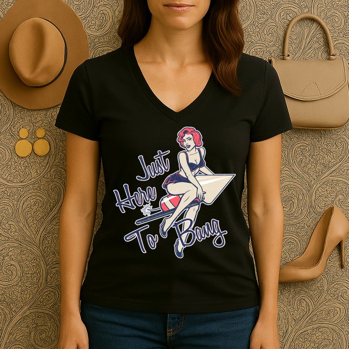 Retro Pin Up Just Here To Bang Women's V-Neck T-Shirt