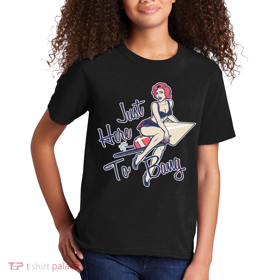 Retro Pin Up Just Here To Bang Kids T-Shirt