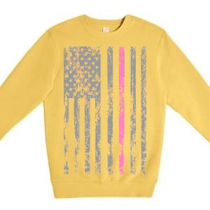 Retro Pink Thin Line Breast Cancer Awareness USA Flag Premium Crewneck Sweatshirt