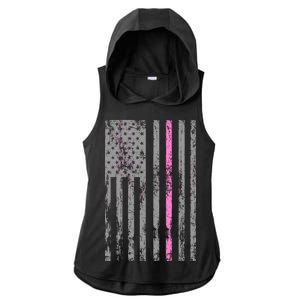 Retro Pink Thin Line Breast Cancer Awareness USA Flag Ladies PosiCharge Tri-Blend Wicking Draft Hoodie Tank