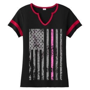 Retro Pink Thin Line Breast Cancer Awareness USA Flag Ladies Halftime Notch Neck Tee