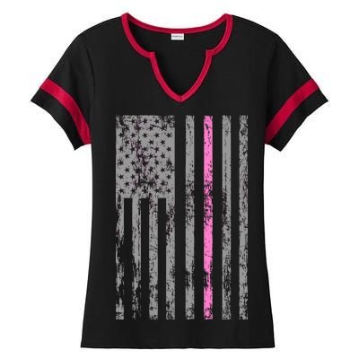 Retro Pink Thin Line Breast Cancer Awareness USA Flag Ladies Halftime Notch Neck Tee