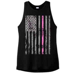 Retro Pink Thin Line Breast Cancer Awareness USA Flag Ladies PosiCharge Tri-Blend Wicking Tank