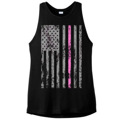 Retro Pink Thin Line Breast Cancer Awareness USA Flag Ladies PosiCharge Tri-Blend Wicking Tank