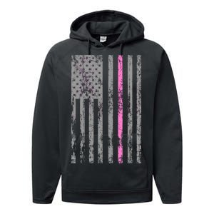 Retro Pink Thin Line Breast Cancer Awareness USA Flag Performance Fleece Hoodie